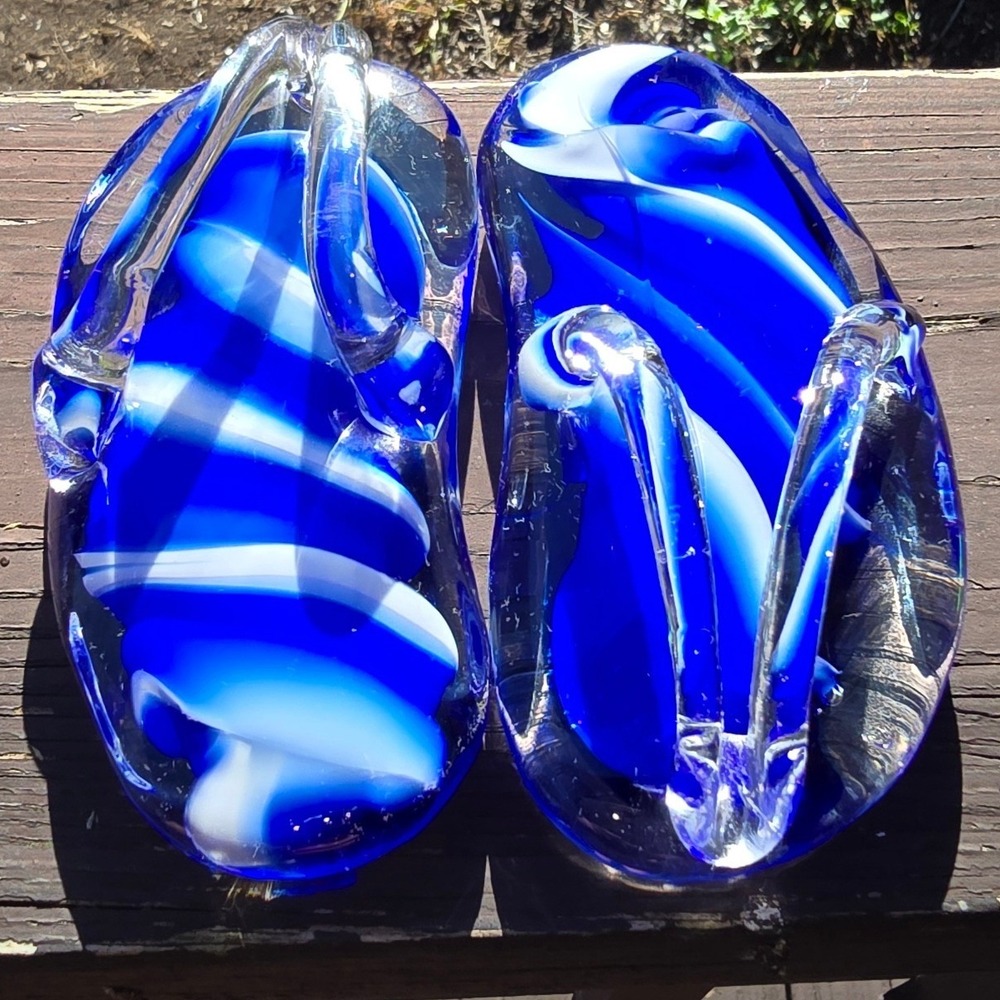 Hand Blown Art Glass Blue & White Swirl Flip Flop Sandal Paperweight Pair